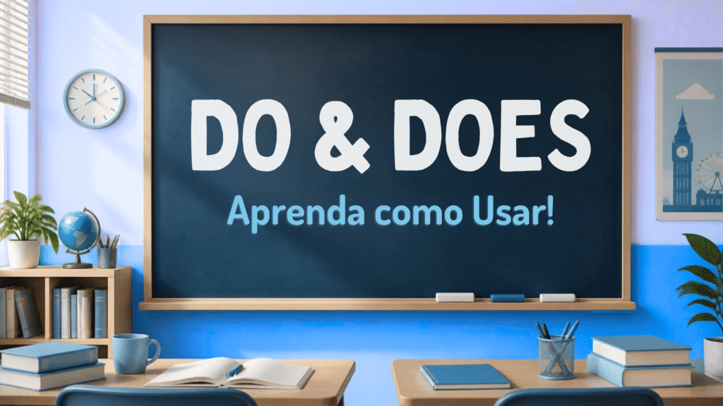 Imagem de uma sala de aula. Na lousa está escrita "Do & Does: aprenda como usar".
