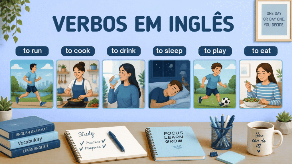 Sobre uma mesa de estudos, o título "VERBOS EM INGLÊS". Abaixo dessa título, sobre a mesa existem retratos quadrados ilustrando os verbos to run, to cook, to drink, to sleep, to play e to eat, com o nome de cada verbo em cima do retrato correspondente.