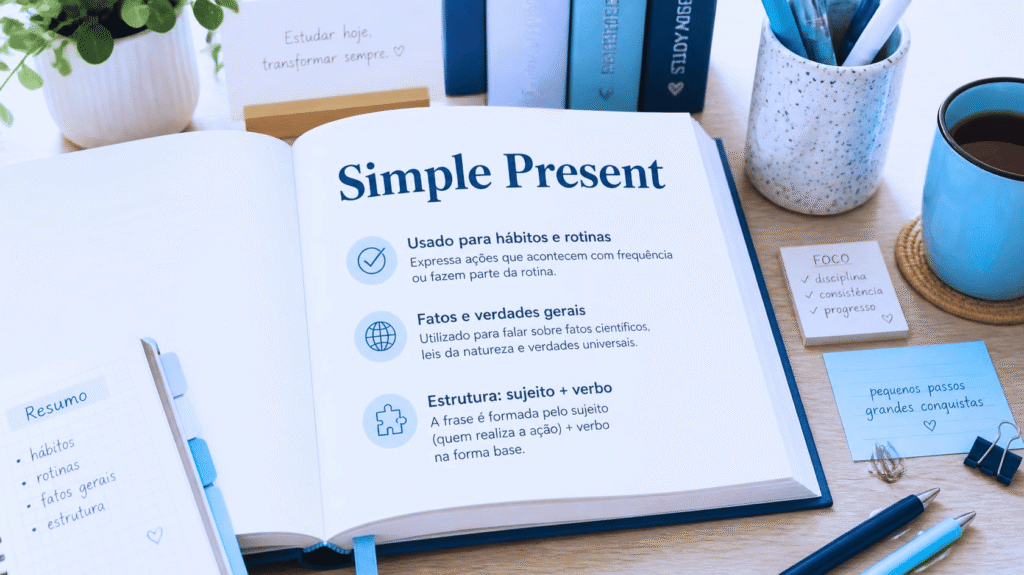 Mesa de estudos com um grande livro aberto com o título “Simple Present” com descrições secundárias sobre hábitos, rotinas, fatos gerais e estrutura gramatical.