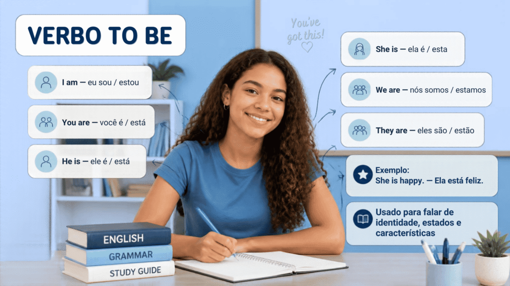 Imagem de uma menina morena de cabelo cacheado de cor castanho, com uma camiseta azul, com um semblante de satisfeita e feliz. O ambiente é uma sala de aula. Tem algumas escritas no ar sobre o verbo to be, exemplos de frases com ele, pequenas explicações, etc.